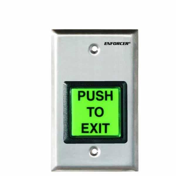 Illuminated green 2" square "PUSLM-SH-TO-EXIT" button. Can replace with included "PRESION